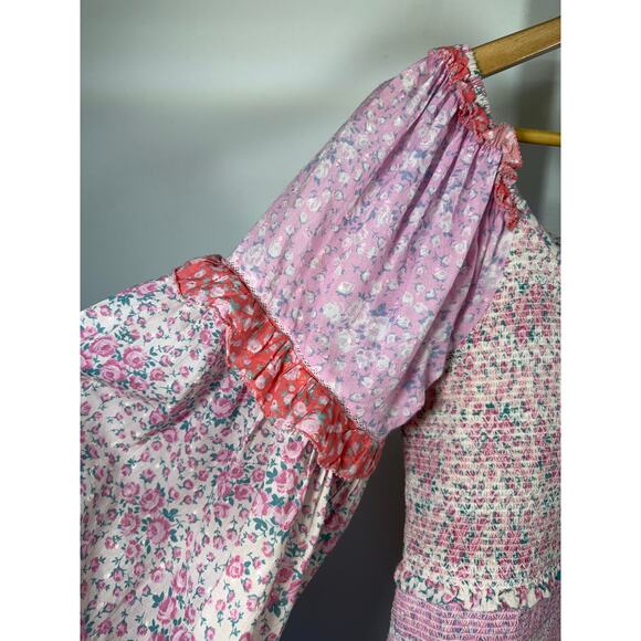 LOVE SHACK FANCY Women's Ensley Floral Print Smocked Mini Dress Pink Size Medium - Picture 4 of 11